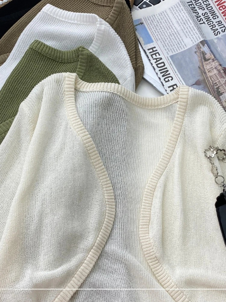 Thin white cardigan wool sweater womens summer sun protection lace knitted top casual long sleeved short 250326