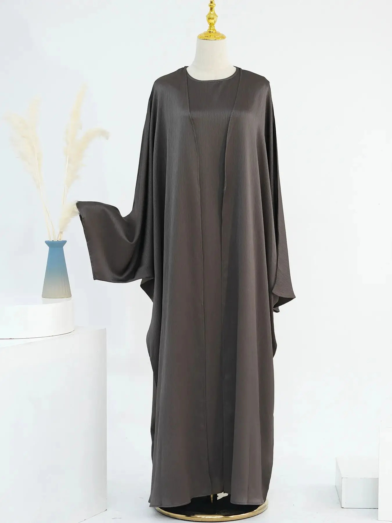 Ramadan Dubai satin plain weave 2piece Abaya set prayer clothing women humble Muslim Caftan Marocain robe Musulmane Kaftan 250326