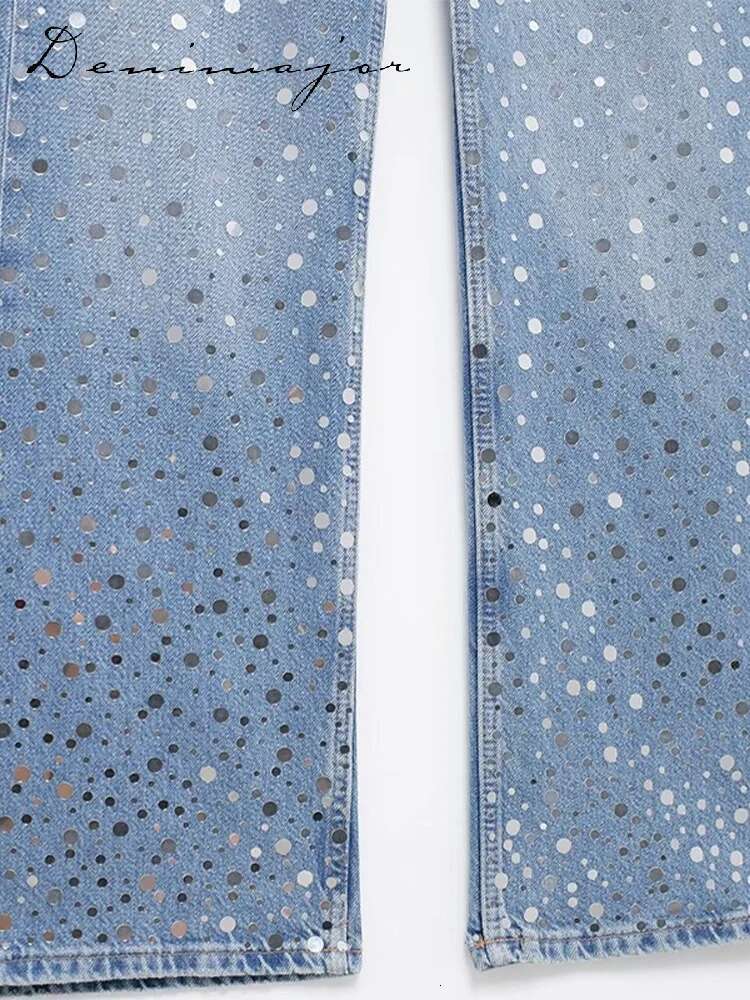 Flash Sequin Long Jeans Women Loose Solid High Waist Zipper Pocket Denim Pants Female Spring Casual Fashion Lady Trousers