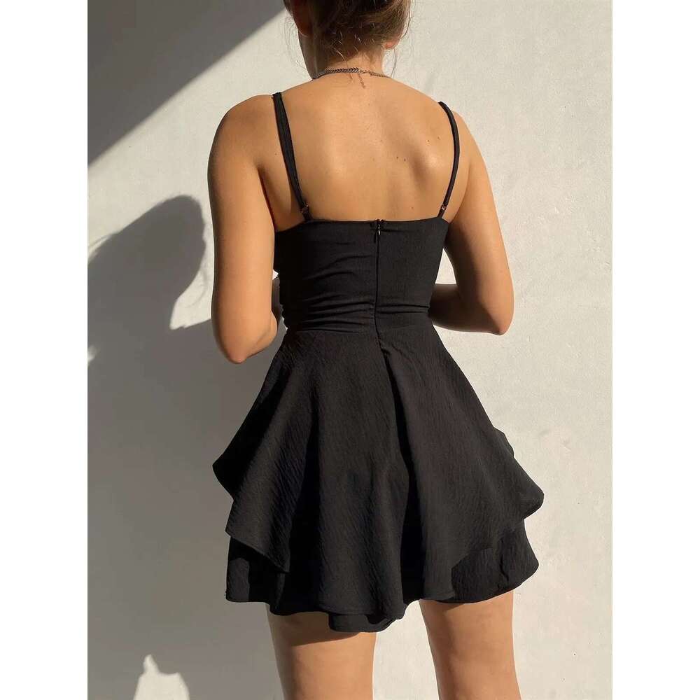 Sexy Slim Dresses Strap Suspender Y2k Solid Ruffles Rompers Summer Casual Threaded Slip Playsuits Female Elegant Clothes