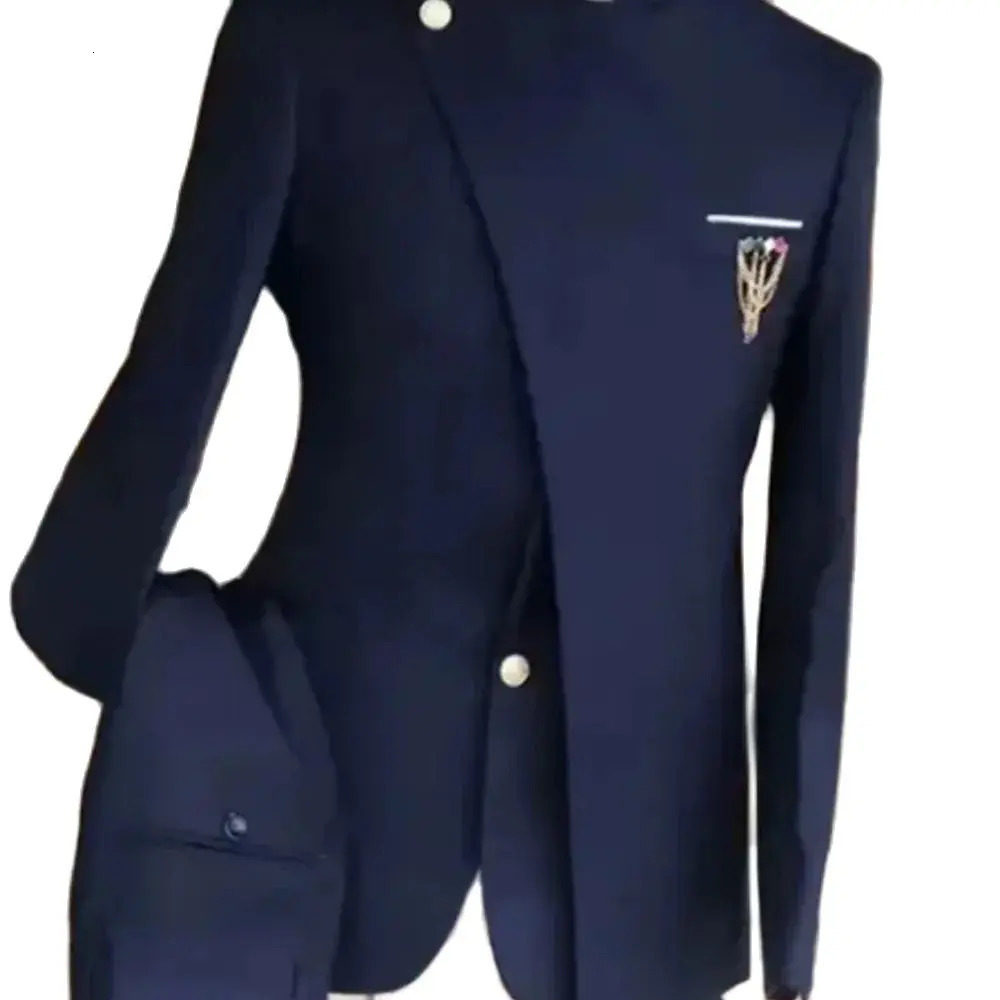 Navy Blue Mens Single Chest Standing Collar Jacket African Style Formal Occasion Party 2piece Set Pants Clothing 250326
