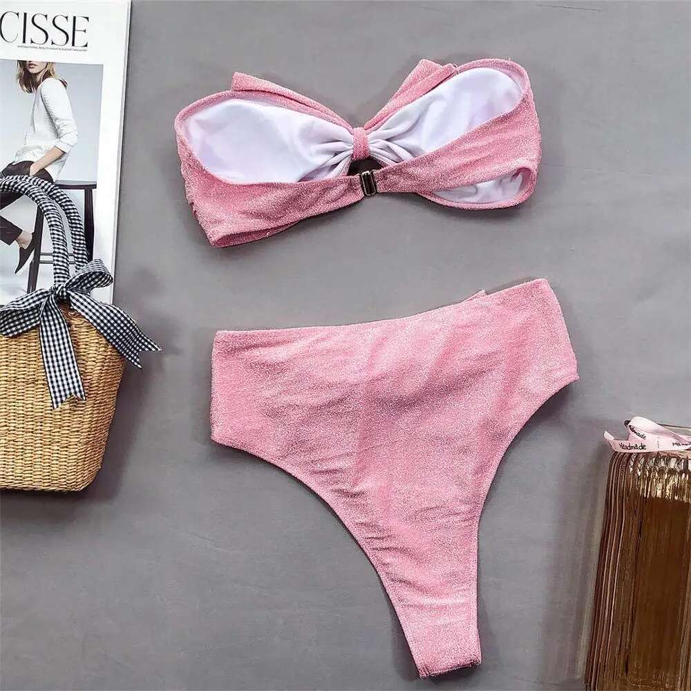 Bandeau 2025 Bow High Waist Female Swimsuit Women Swimwear Two-piece Bikini set Strapless Bather Bathing Suit Swim Lady