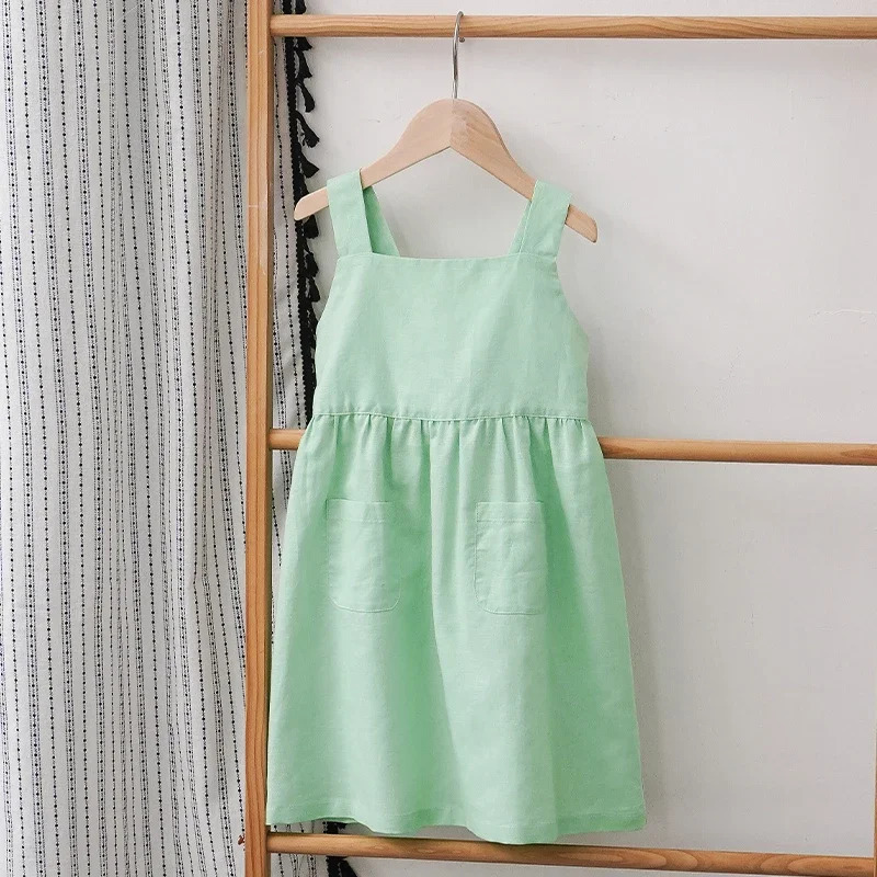 Girls Cotton And Linen Sleeveless Suspender Dress With Adjustable Shoulder Straps Summer Casual Pocket Kids Dresses TZ77 250326