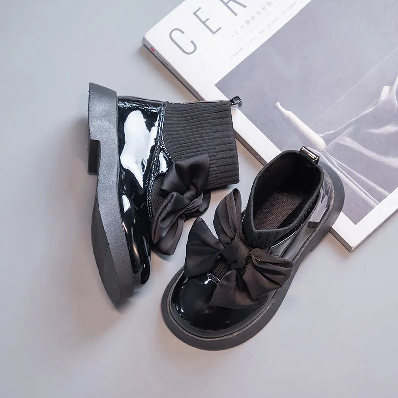 Girls Black Non-slip Kids Fashion Bow Elegant Glossy UK Uniform Child School Shoes Simple Casual Sock Boots Breathable 250326