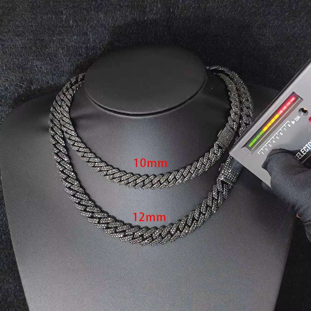 Hip Hop Jewelry Custom Black Plated Cuban Chain 10/12mm Ice out 925 VVS Black Moissanite Cuban Link Chain Necklace for men