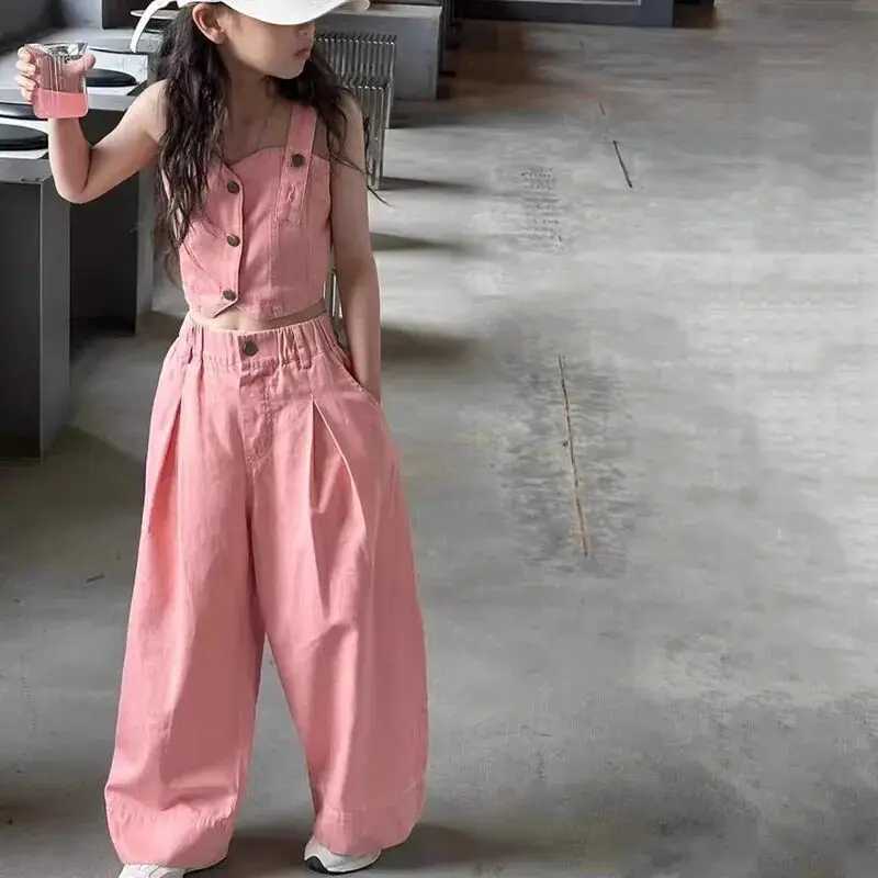 Childrens clothing girls denim summer suit teenagers vest loose straight leg pants two-piece set KoreanT250327