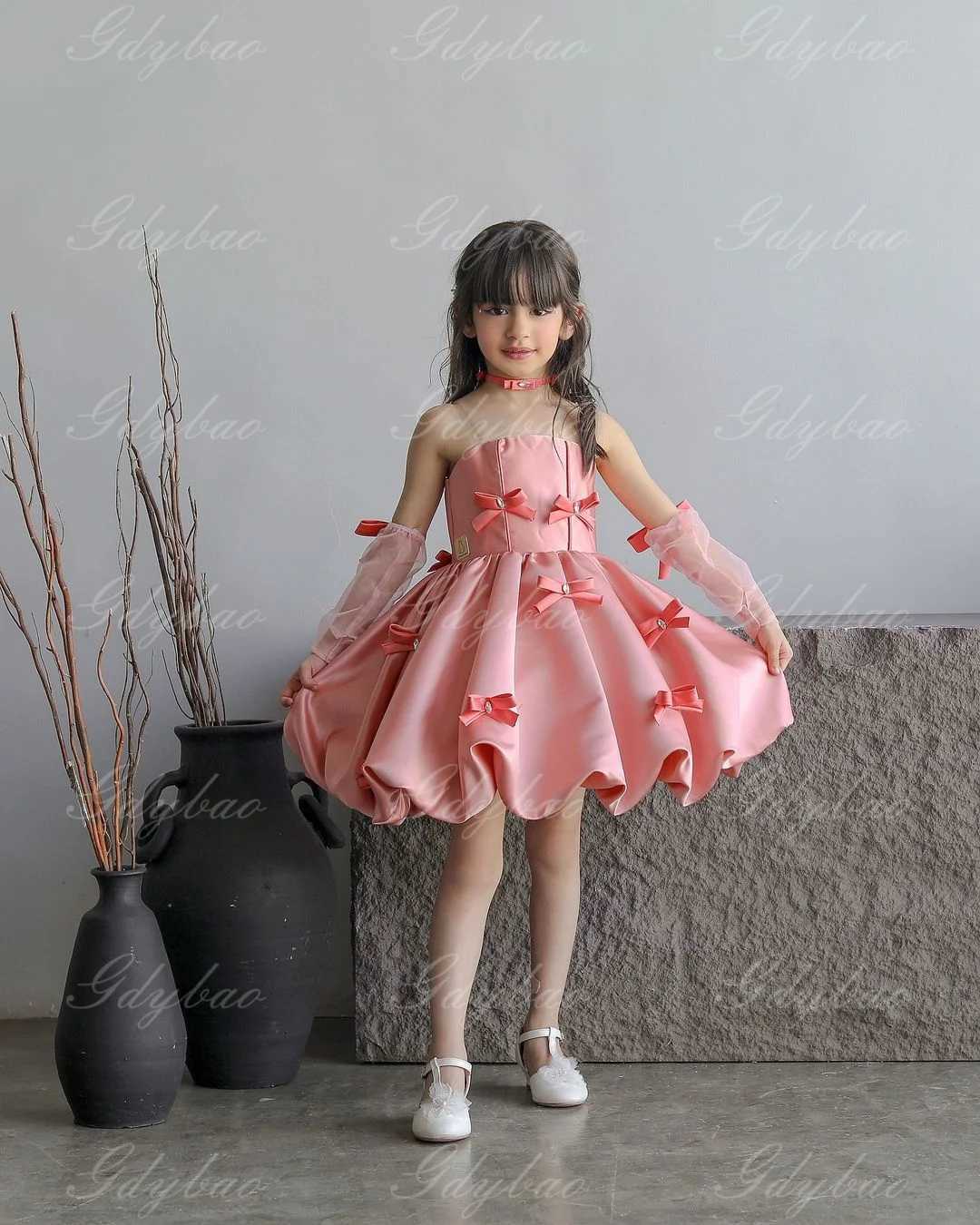 Elegant flower girl wedding dress used for wedding satin bow sleeveless ball dress birthday party first girl social dress W250326