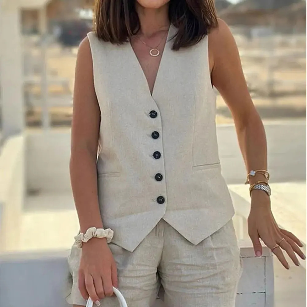 DUOPERI Women 2 Pieces Sets Plain Linen Tops Vest and Shorts Chic Lady Casual Basic Business Waistcoat Coordinates 250311