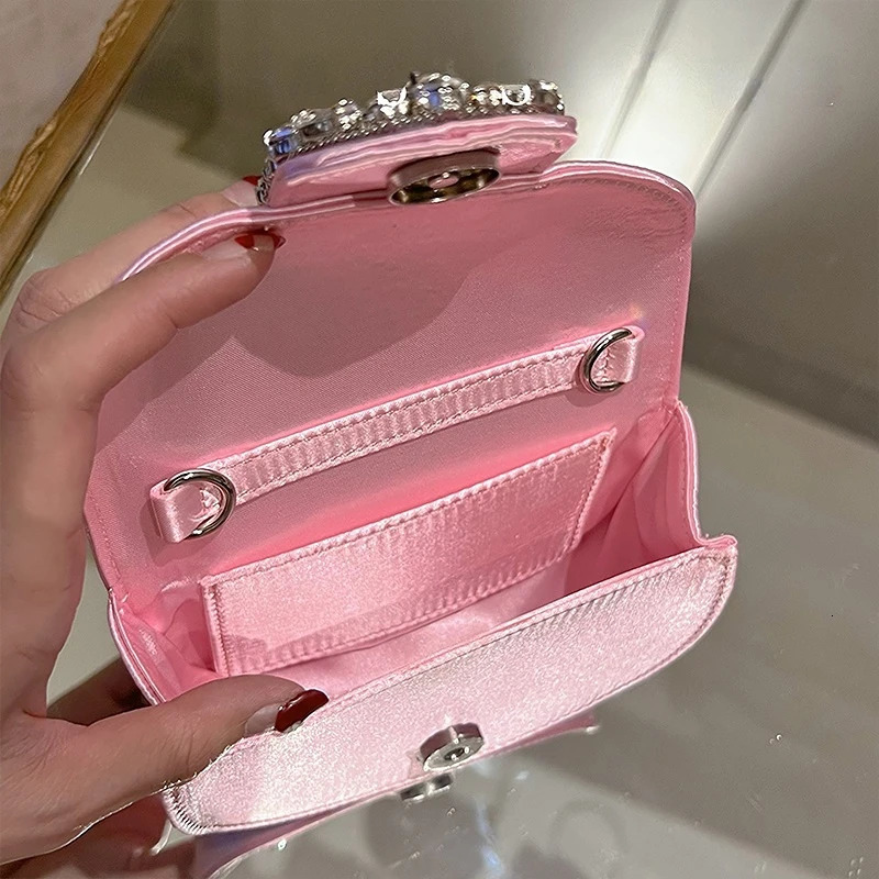 Womens Sparkling Crystal Satin Handbag ner y Diamond Pink Evening Ring Clutch Wallet Wedding Party Fashion 250326