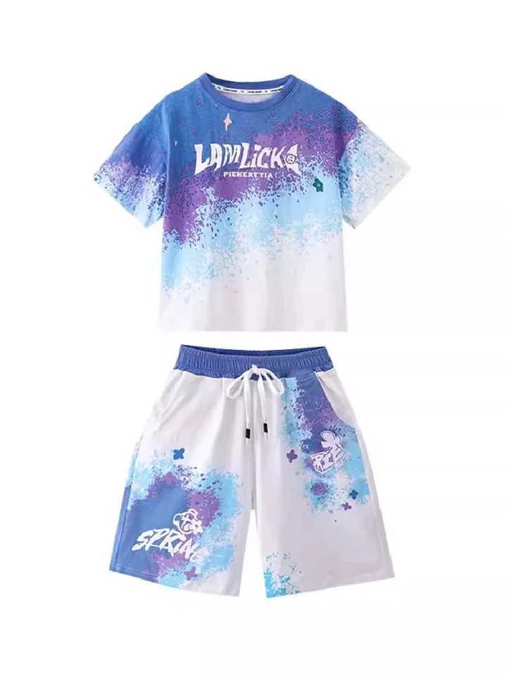 Summer Youth Clothing Set Boys Gradient T-shirt+Shorts 2-piece Large Childrens Casual Short Sleeve Set Childrens Printed SetT250327