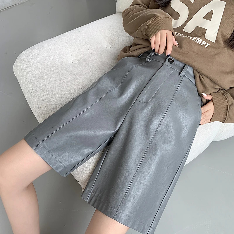 Grey high waisted casual wide leg Pu shorts for women 2023 autumn winter loose knee length washed leather 250321