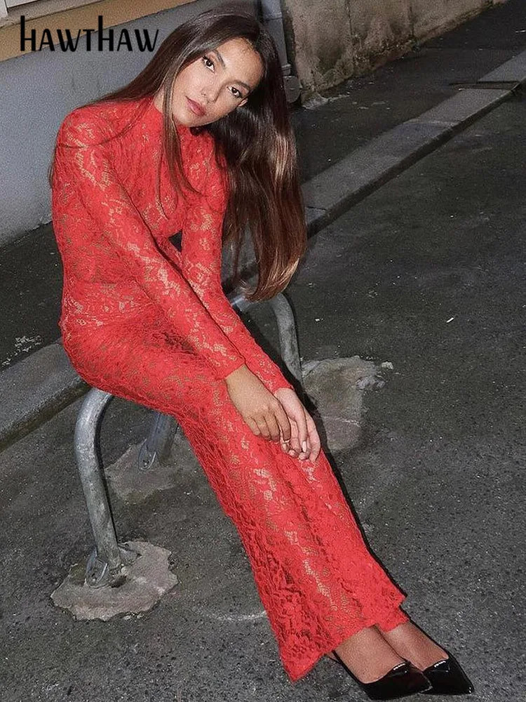 Hawthaw Women Spring Autumn Long Sleeve Party Club Lace See Through Bodycon Red Long Dress Wholesale Items For Business 250326