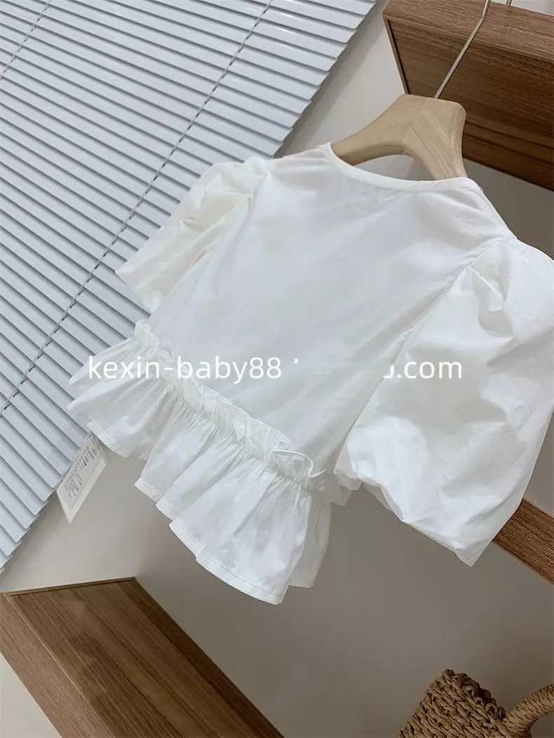 Girls clothing set summer childrens square neckline bubble sleeve shirt lace thin soft jeans two-piece setT250327