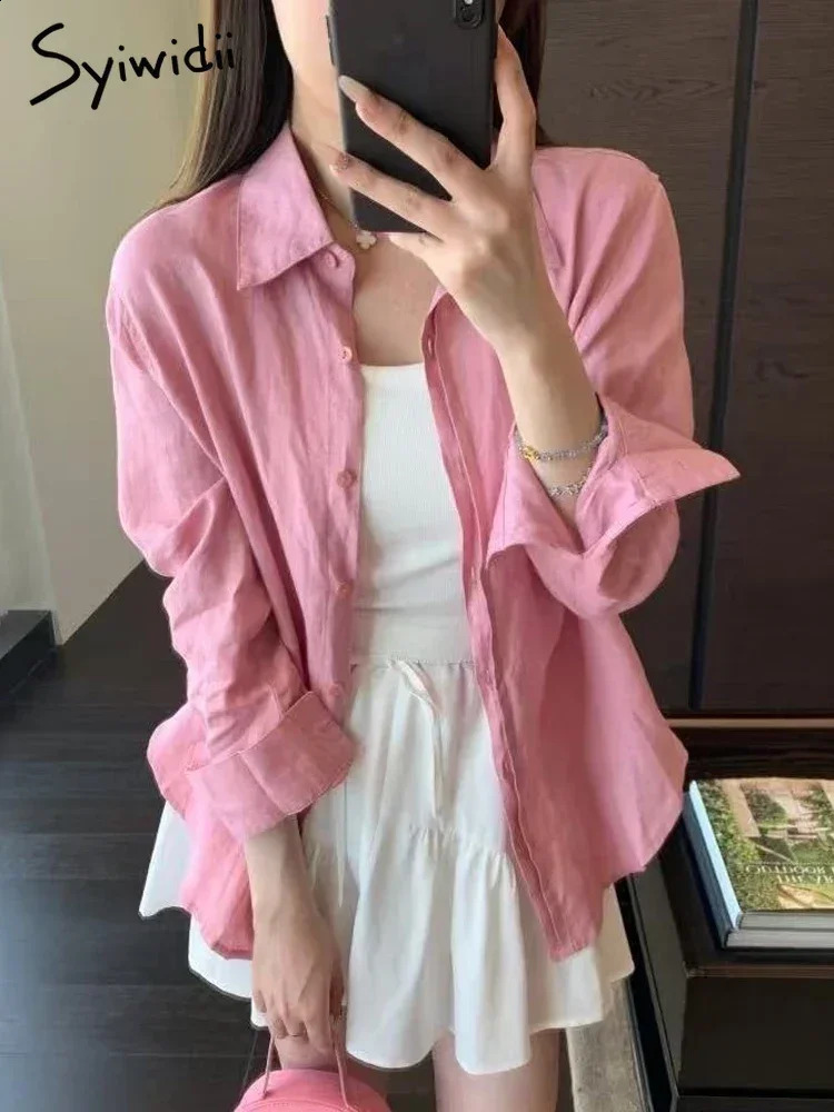 Syiwidii Blue Womens Linen Shirt Long Sleeve Elegant White Oversize Blouse Vintage Spring Basic Top Collar Cotton Linen Shirts 250326