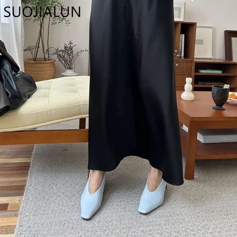 SUOJIALUN Autumn Women Fashion Shallow Slip On Ladies Eelgant Single Shoes Square High Heel Outdoor Dress Pumps