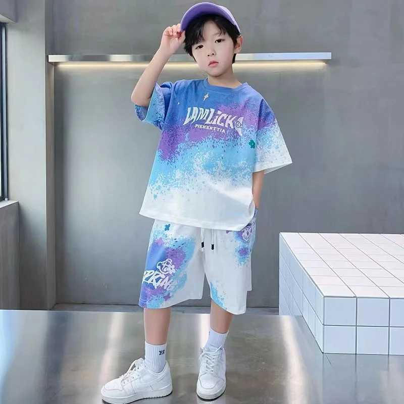 Summer Youth Clothing Set Boys Gradient T-shirt+Shorts 2-piece Large Childrens Casual Short Sleeve Set Childrens Printed SetT250327