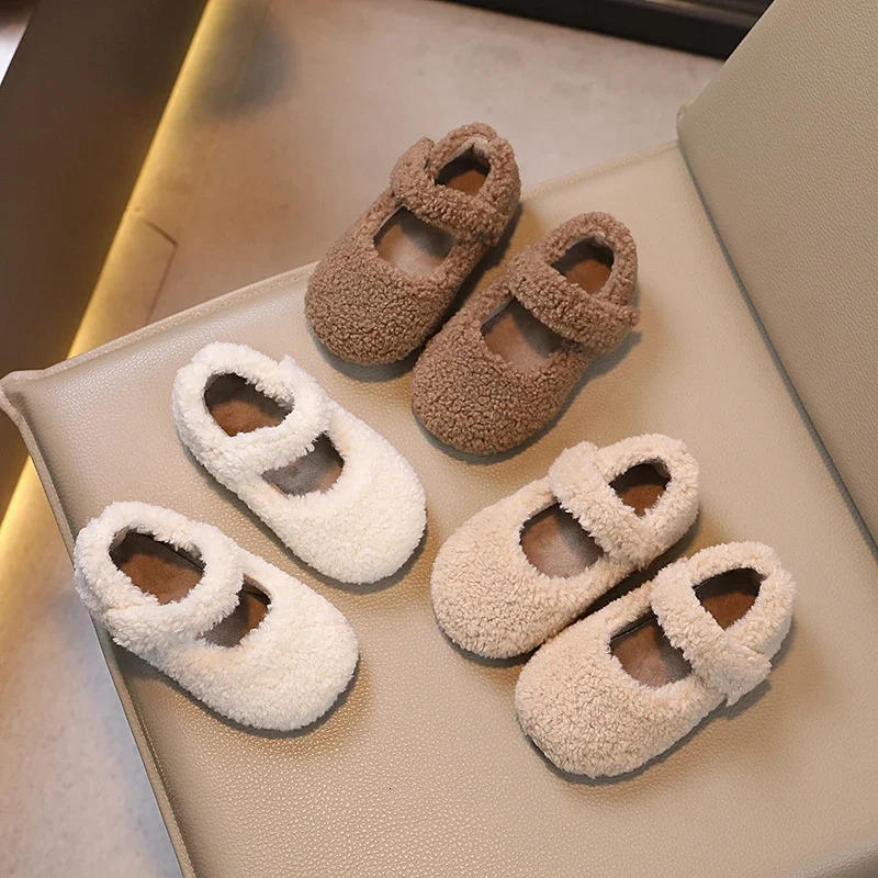 Winter Children Flat Shoes Fur Cover Toe Light Warm Kids Casual Shoe Plush Warm Non-slip Leisure Comfy Boys Girls Shoe 250326
