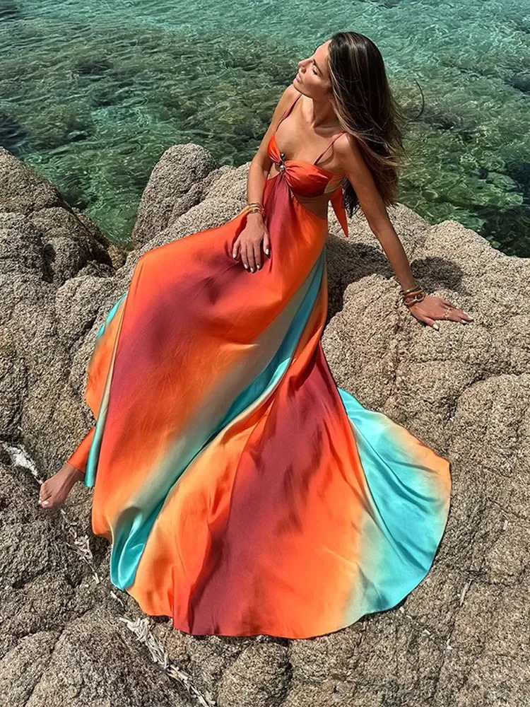 Sexy summer holiday print strapless hollow dress fashion comparison colorful backless robe 2025 beach party vest 250324