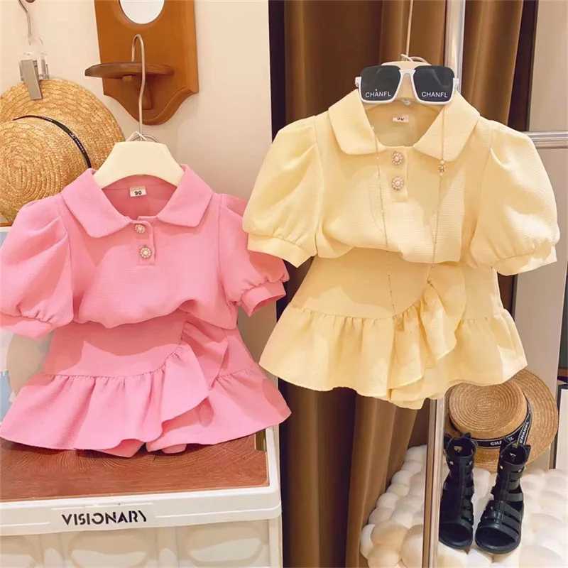 Girls clothing set summer short sleeved shirt+shorts fashionable Korean childrens clothing two-piece set childrens casual clothing for 2-7 yearsT25032