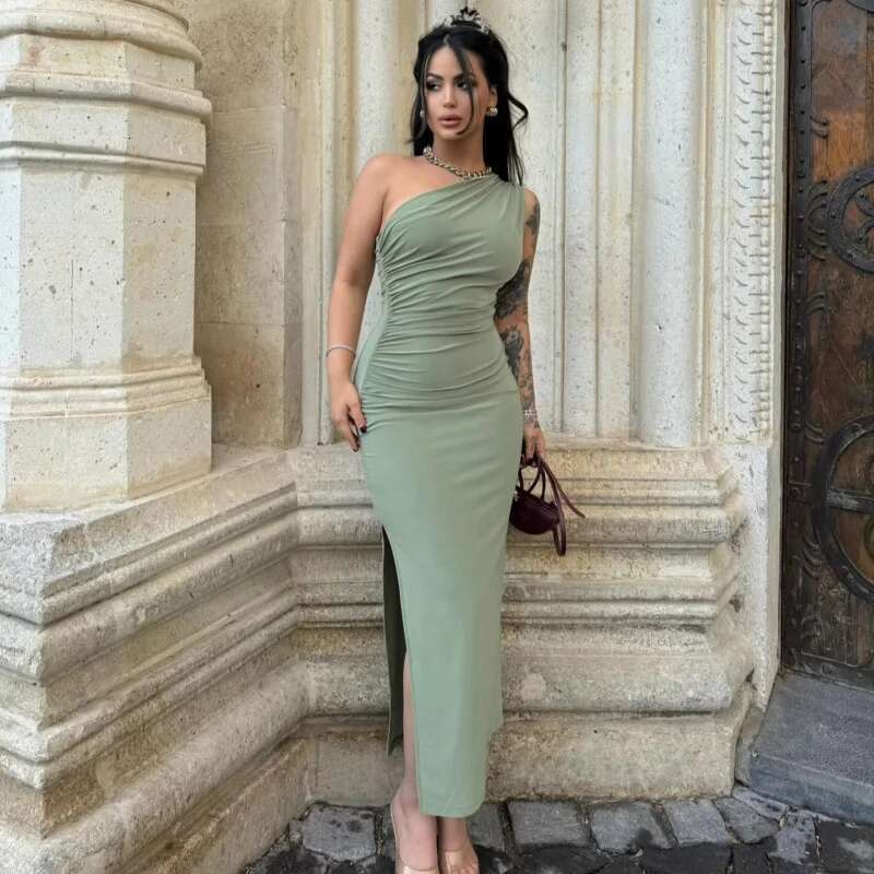 Dongdumaoyi Nieuwe Off Shoulder Effen Kleur Split Sexy Elegante Slim Fit Jurk Modieus En Comfortabel