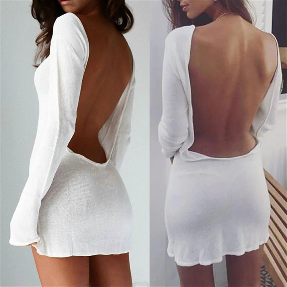 Womens summer autumn sexy dress long sleeved backless Hip ultrathin slim short skirt suitable for bars parties clubs beach wear 250326