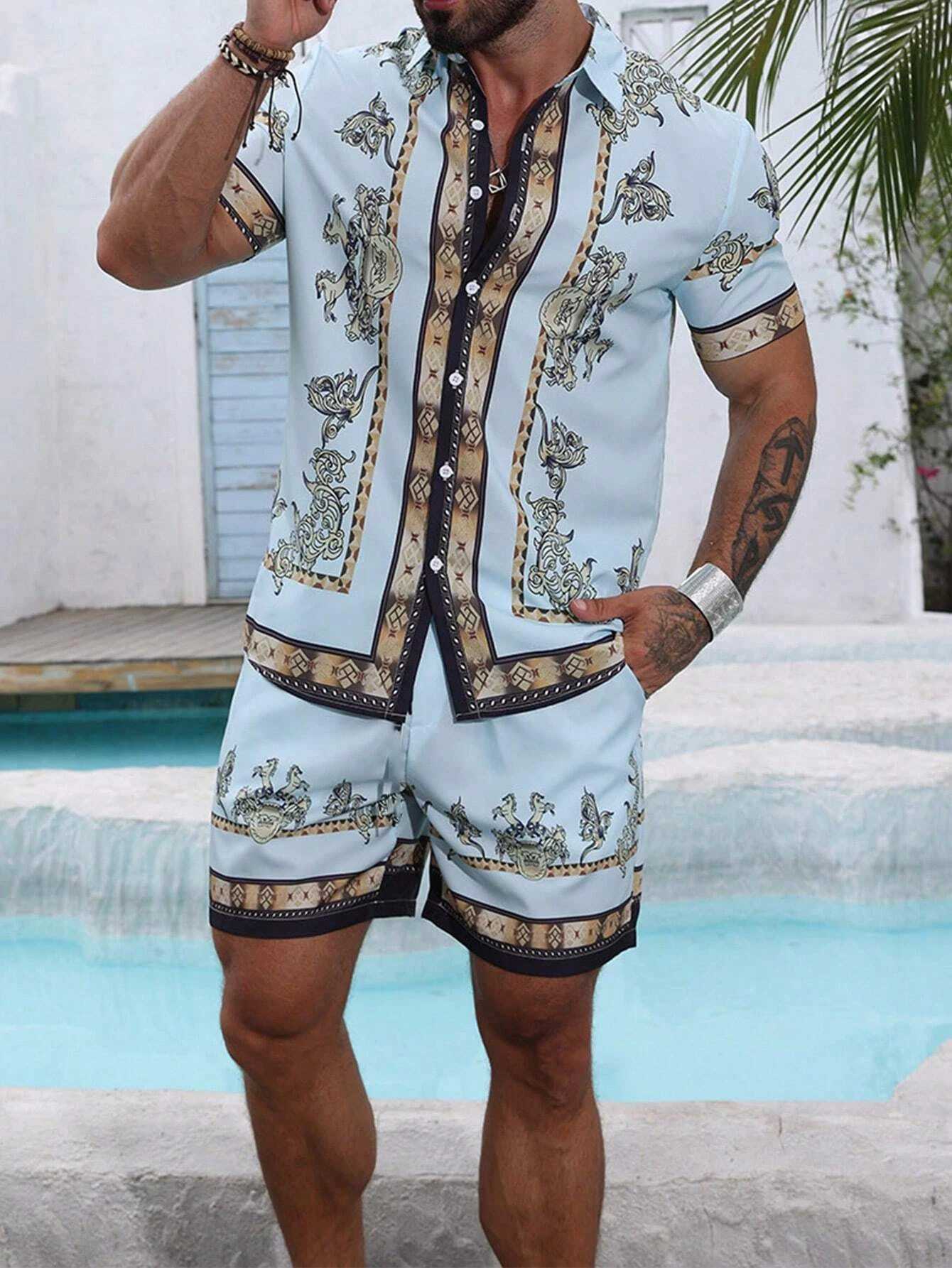 Baroque luxury printed mens shirt shorts 2-piece set summer casual shirt Hawaiian beach short sleeved mens setXJ250326
