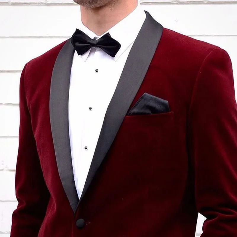 1piece y Burgundy velvet mens single chest black shawl lapel slim fit jacket formal wedding beauty set 250326