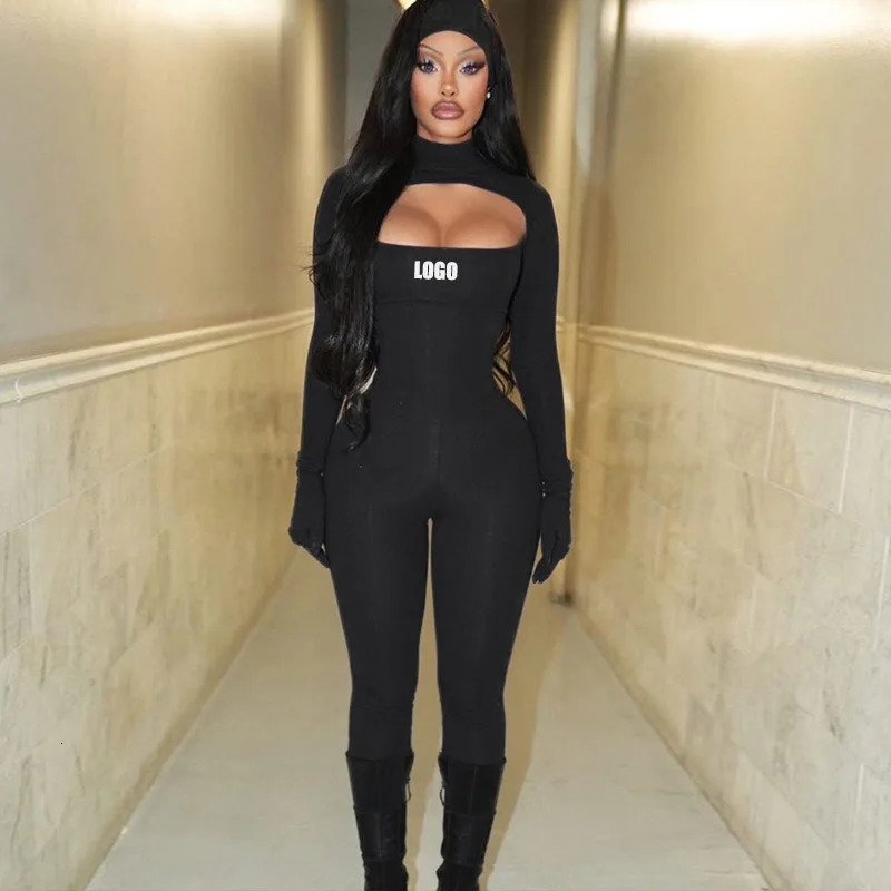 Customized European and American womens clothing for spring fashionable sexy hollow finger cover slim jumpsuit 250326