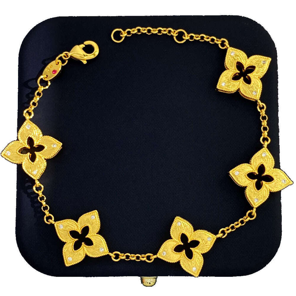 New Italian style four leaf inlaid with small white dia, metal brushed hollow out, carved and engraved five wer bracelet