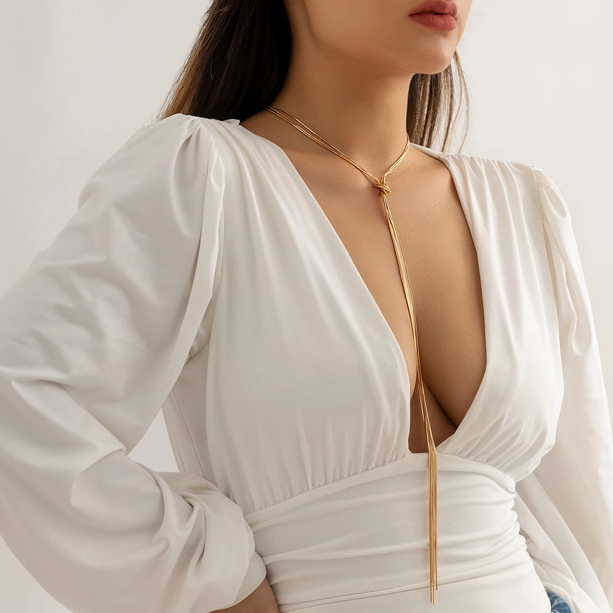 IngeSight Z multilayer retro square snake chain knotted tassel long necklace suitable for women simple gold chest 250325