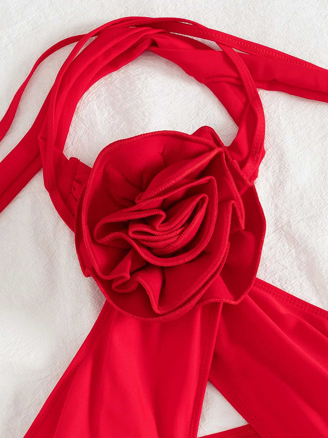 Sexy Red Swimwear Women Vintage 3D Floral Halter Bandage Cross Hollow Out One Piece Swimsuit Beach Bathing Suit Monokini 250326