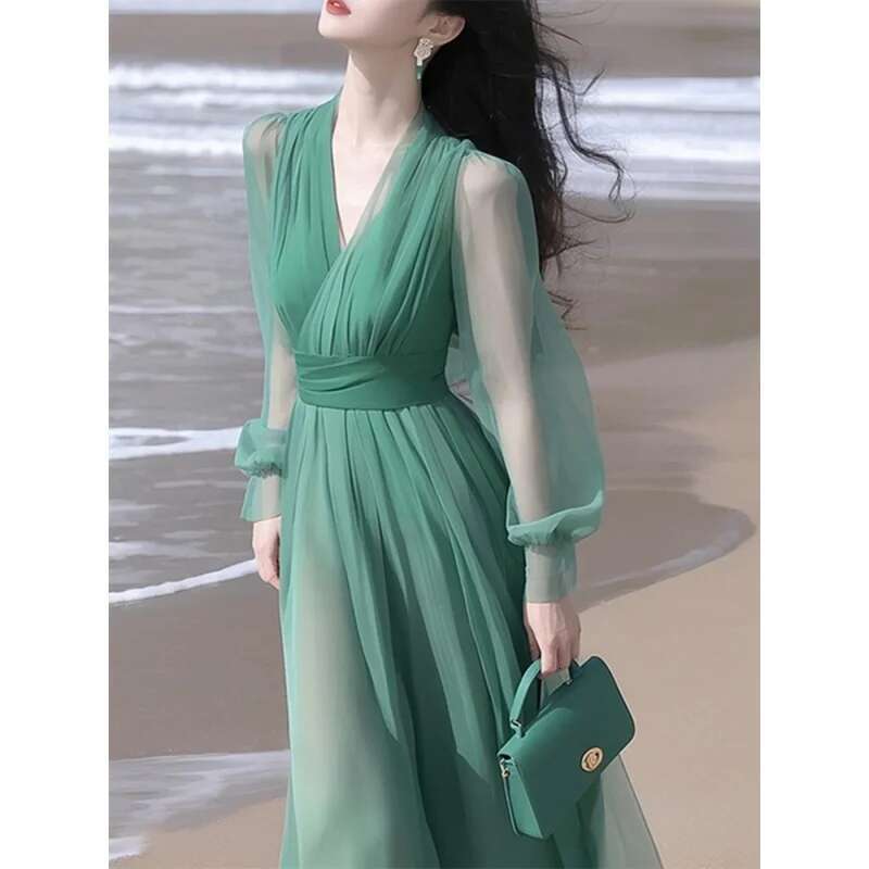 Dongdumaoyi Nieuwe V Taille Kalkende Afslankende Sprookjesachtige Elegante Mesh Jurk Deepv Feestjurk Met Lange Mouwen C