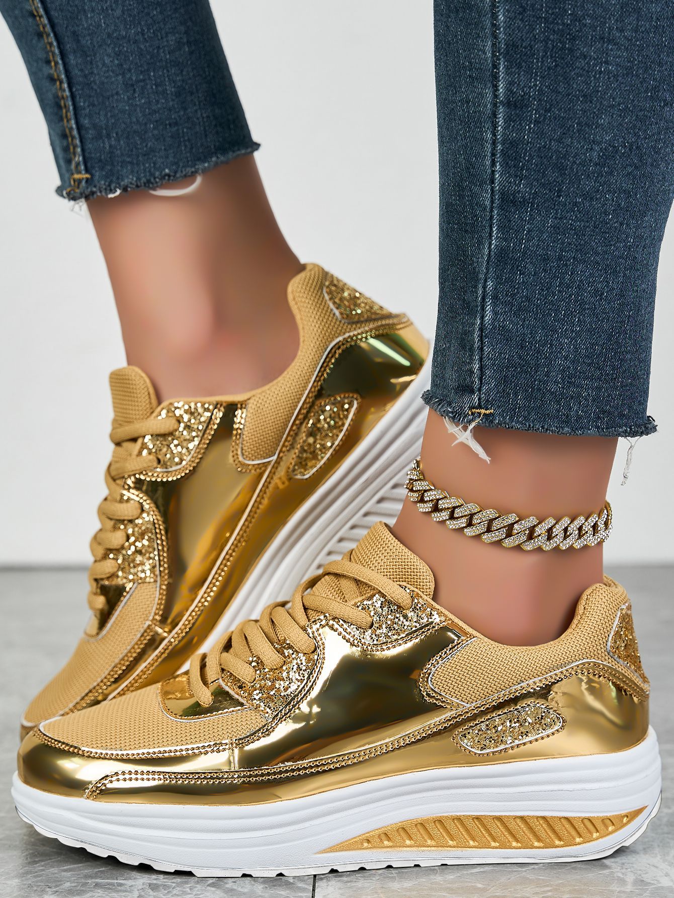 2025 Spring Summer new arrival design Gold bright mesh casual NEW sneakers outdoor plus women's shoes size 36-42 Mermaidcore