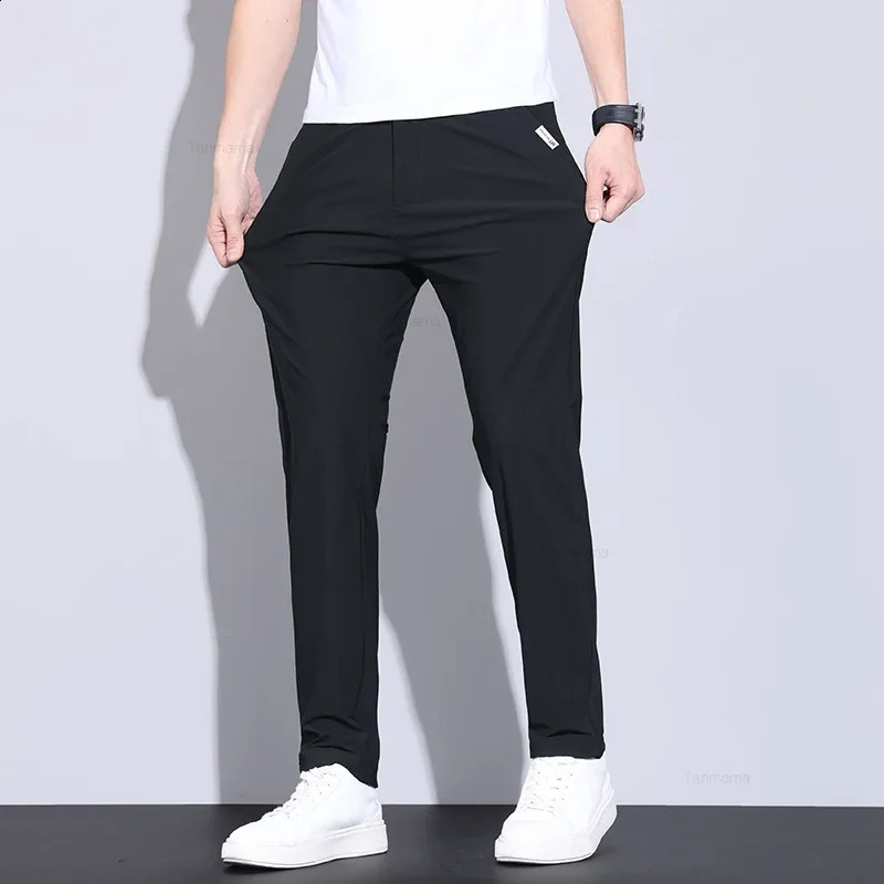 Summer Thin Mens Ice Silk Casual Pants High Elasticity Soft Cosy Business Straight Trousers High Quality Man Clothing Khaki 250317