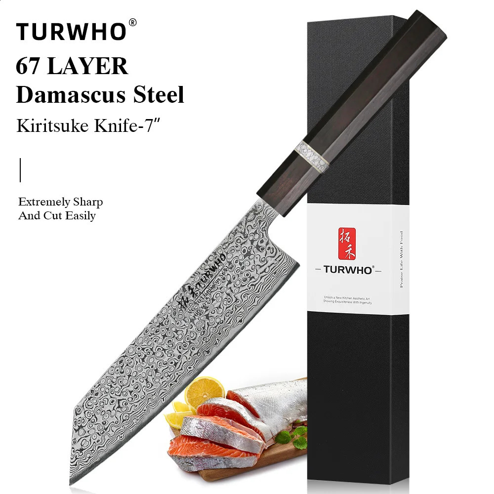 TURWHO 7 Inch Kiritsuke Knives Japanese Hand Forged Damascus Steel Professional Chef Knife Sashimi Cleaver Kitchen Cooking Tools 250327