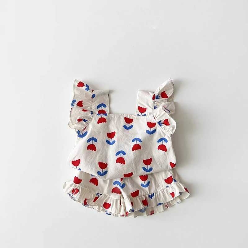 Summer Kids Girls Clothes Sets 2024 Flower Printed Sleeveless Tee Tops+Horses Suits Childrens Clothing SetT250327