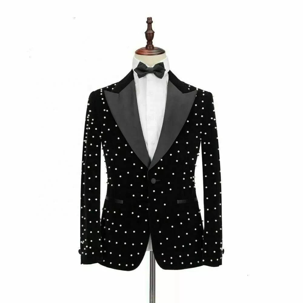 Crystal Beading Black Velvet Men Suits Costume Homme Groom Tuxedos Wedding Terno Masculino Slim Fit 3 Pieces Party Blazer 250326