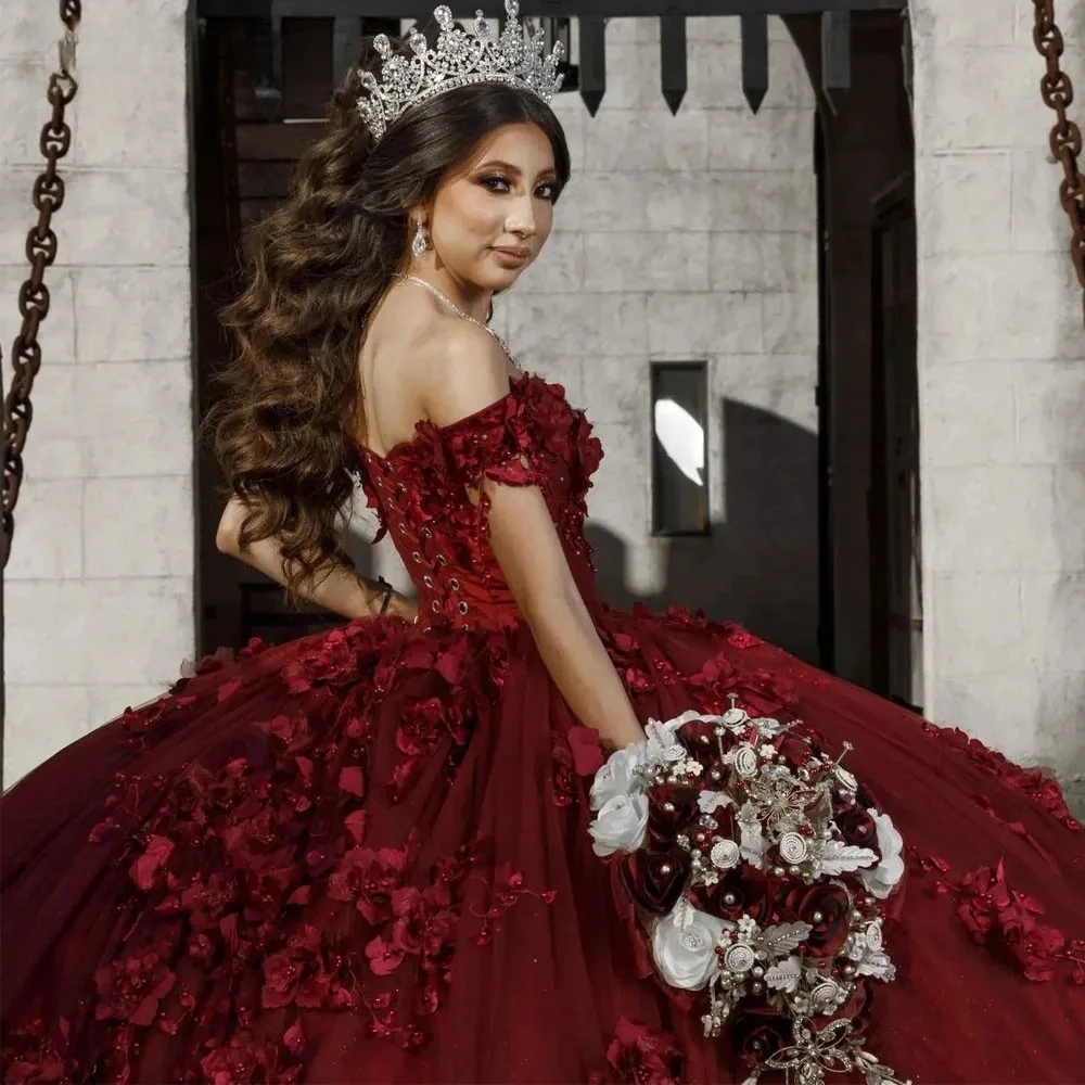 Burgundy Quinceanera Dresses Ball Gown Off The Shoulder Tulle Floral Pearls Sweet 16 Dresses 15 Anos Mexican Customized Vestidos De 15 Anos Girls 16
