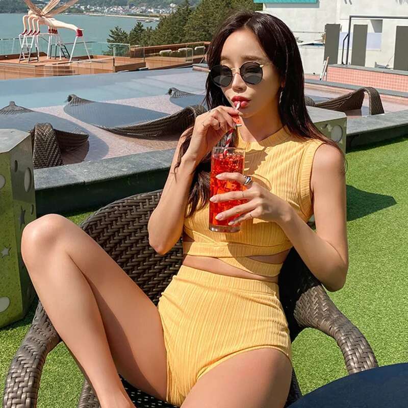 Chic Yellow Swimwear Set Featuring a Neck Crop Top and High Waist - Ideal Summer Beach Essentials