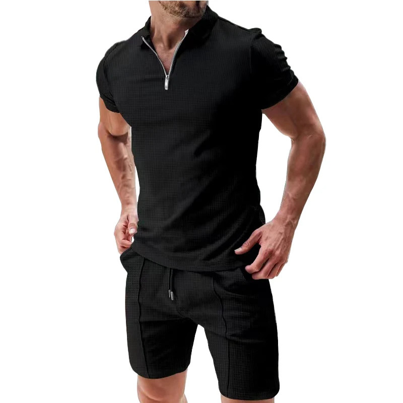 European and American mens short sleeved summer waffle solid color loose neck Tshirt casual sportswear 250327
