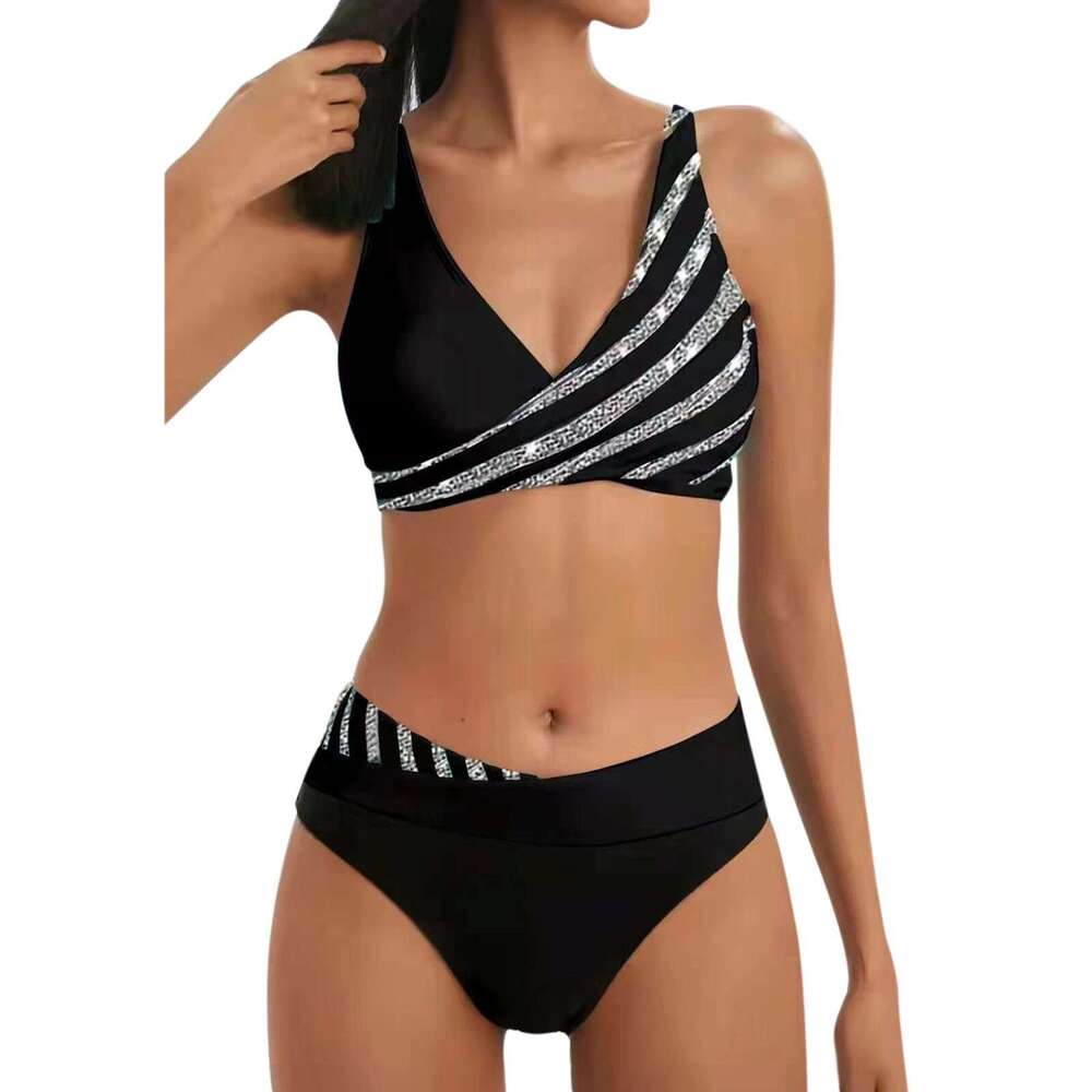 Bikini V Neck Set 2025 Women Stripe Print Patchwork Swimwear Summer Beachwear Swimsuit Female Bathers Bathing Swimming Suit 2XL