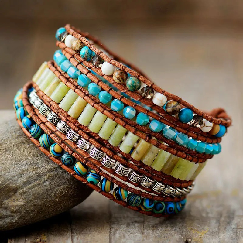 Spiritual Women Wrap Bracelets Natural Stones 5 Layers Leather Cuff Bangles Femme Bracelet Bohemian Gifts Dropship 250318