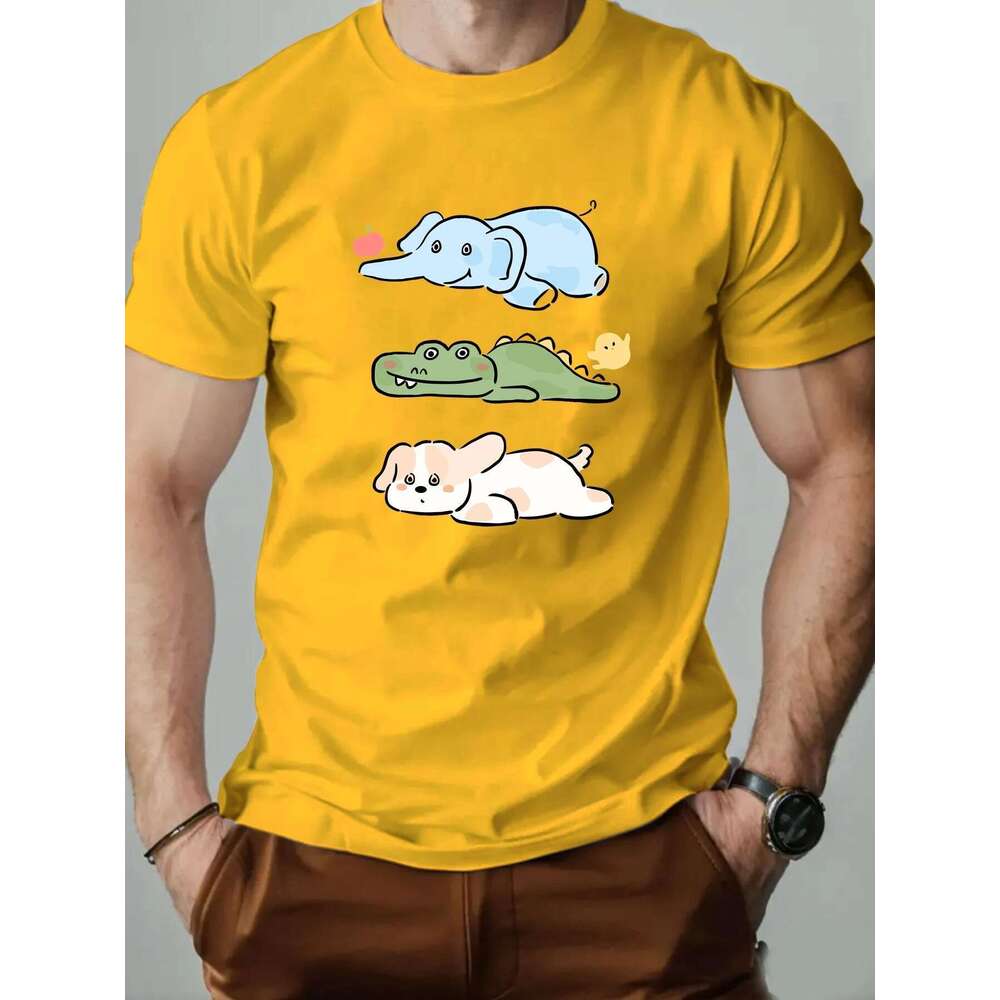 Men s round neck short sleeved T shirt cotton cartoon print casual summer fashion high quality gymnastics