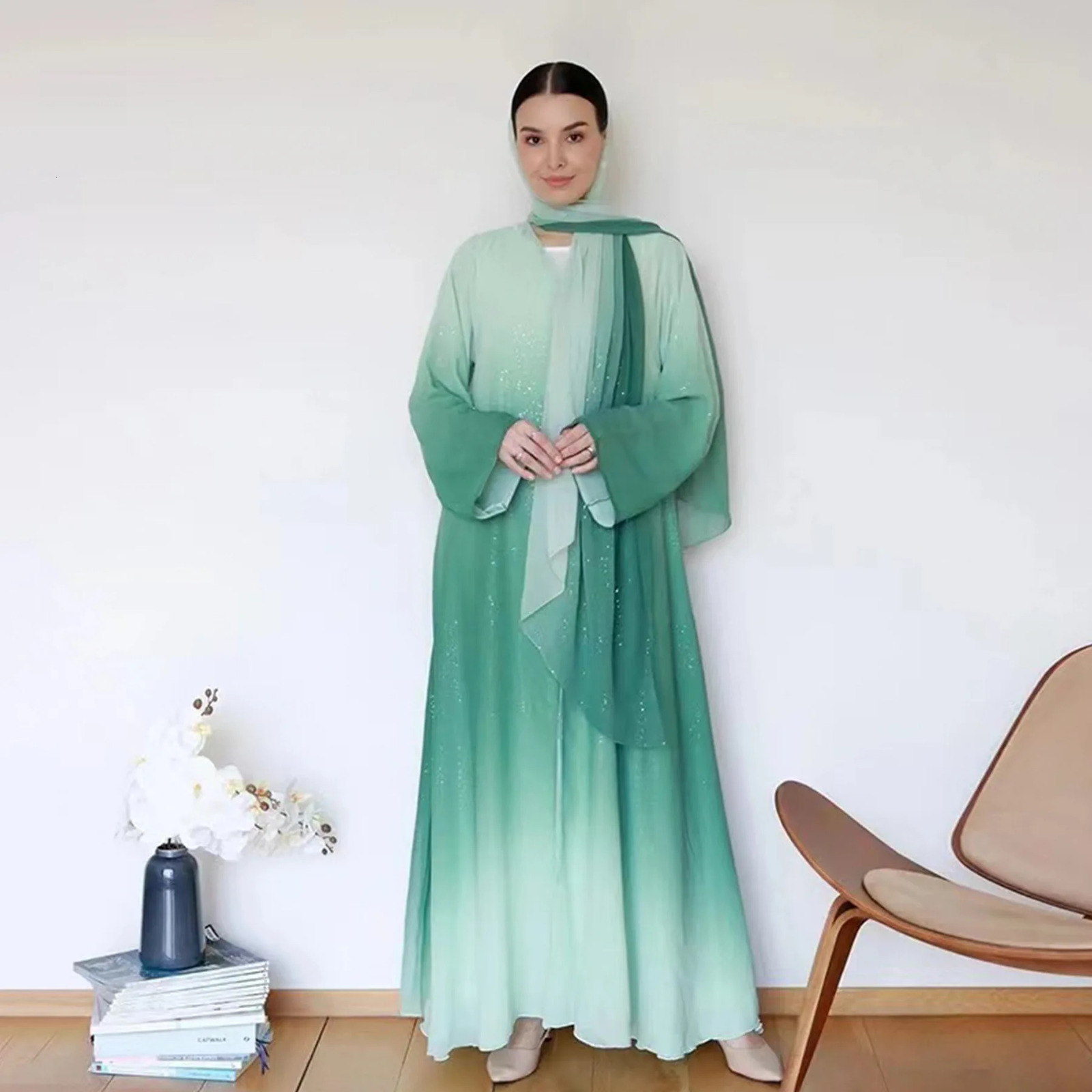 Dubai y gradient color Abaya open kimono Muslim dress with scarf moderate robe Khimar Islamic Ka Caftan Jalabiya Kaftan 250326