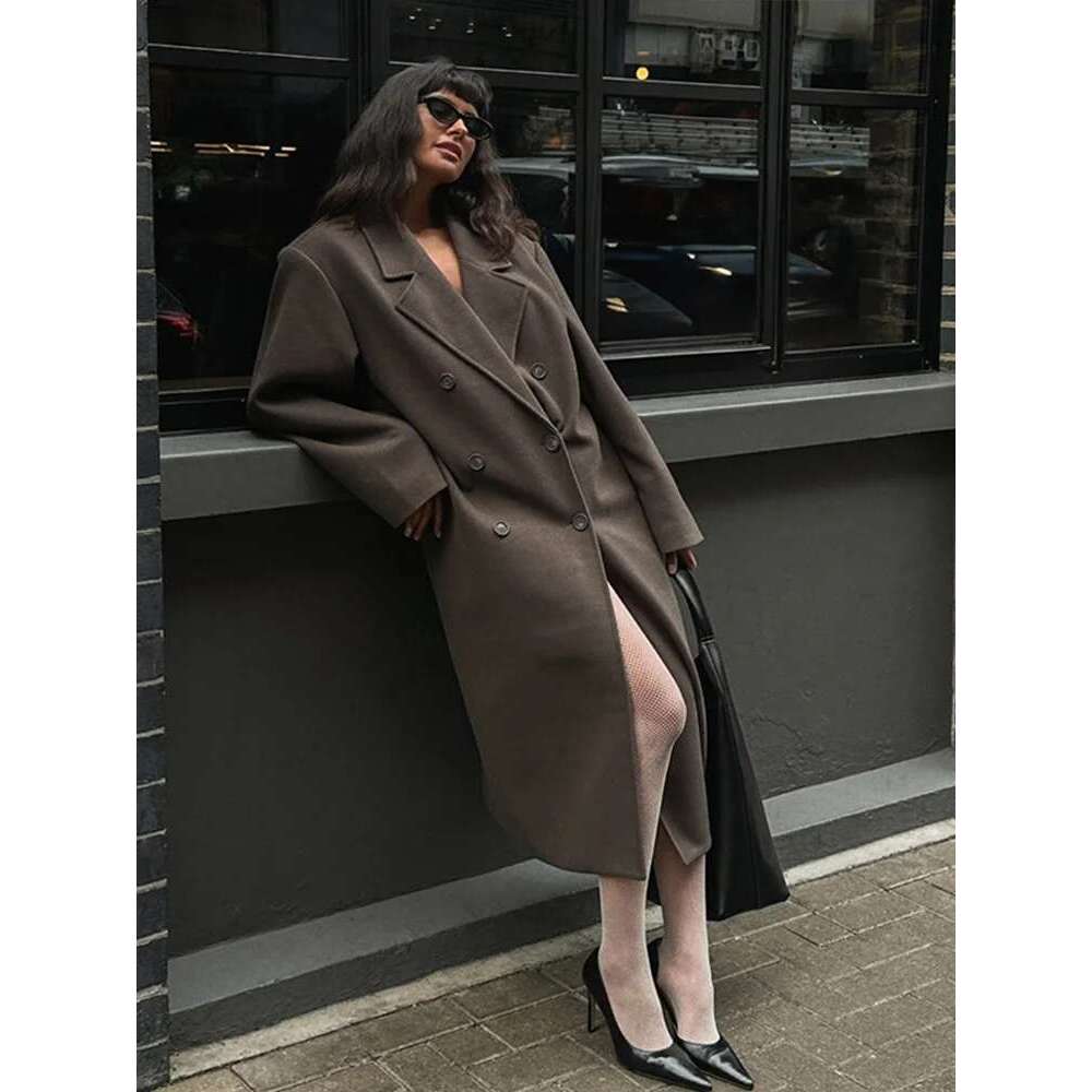 Women's Coat Casual Woolen Women Oversize Coat Solid Lapel Double Breasted Pocket Female Overcoat Autumn Winter Retro Lady Streetwear