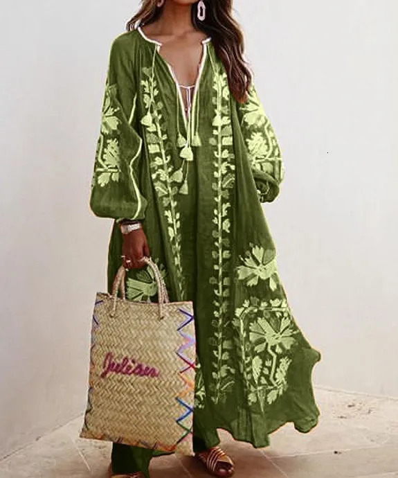Woman Maxi Dress Boho Print Lace Up Long Sleeve Dress V-neck Loose Fashion Bohemian Beach Vintage Ruffle Hem Print Dresses 250326