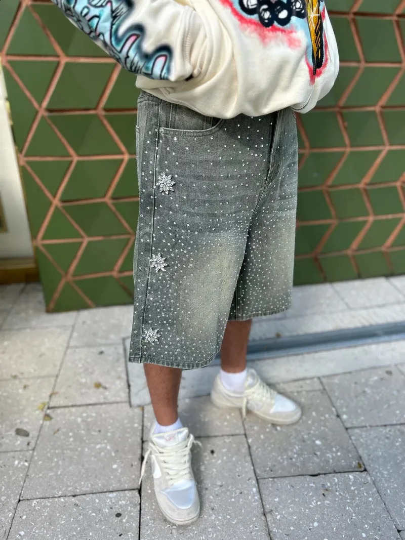 Summer Y2K retro washed blue Astro Jorts American Rhinestone fashion hip-hop denim shorts mens backpacks gym shorts streetwear 250327