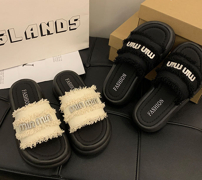 designer shoes new Women's silver buckle letter cloth upper cool slippers ummer suitable for outdoor wear on the beach half-slippers with thick s