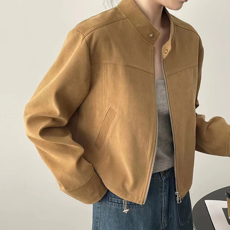 American retro short sleeved jacket Y2K autumn stand up collar long sleeved zipper jacket Harajuku streetwear fully matched motorcycle clothing 250322