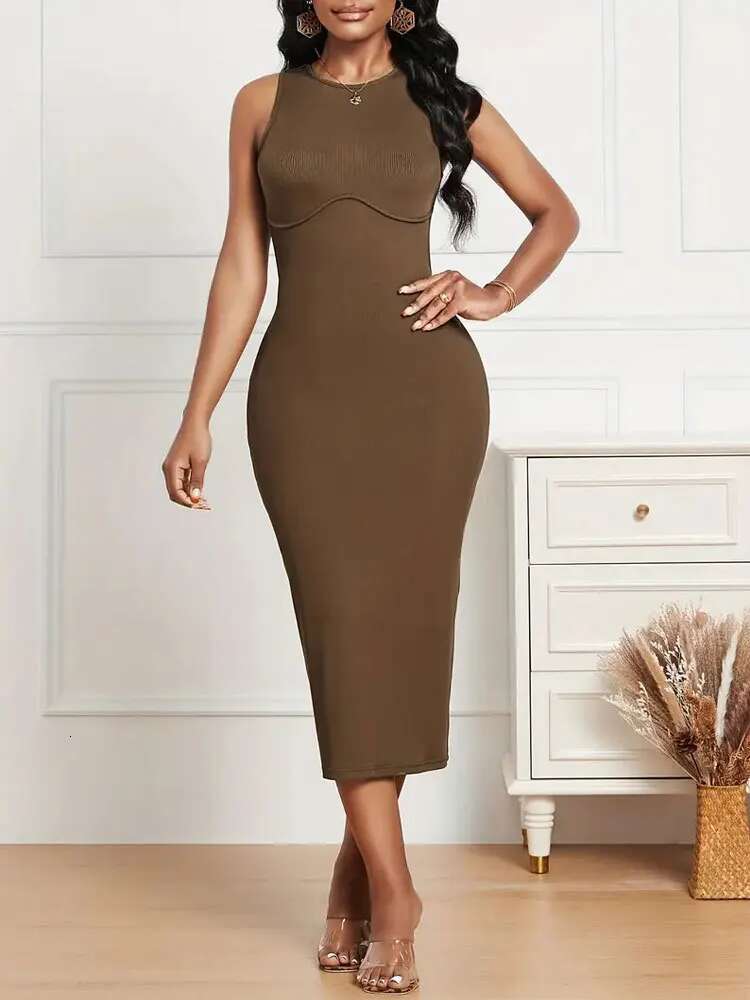 Dongdumaoyi Elegante Slim Fit Ronde Hals Vest Stijl Diepe Rug Geribbelde Gebreide Jurk Model A
